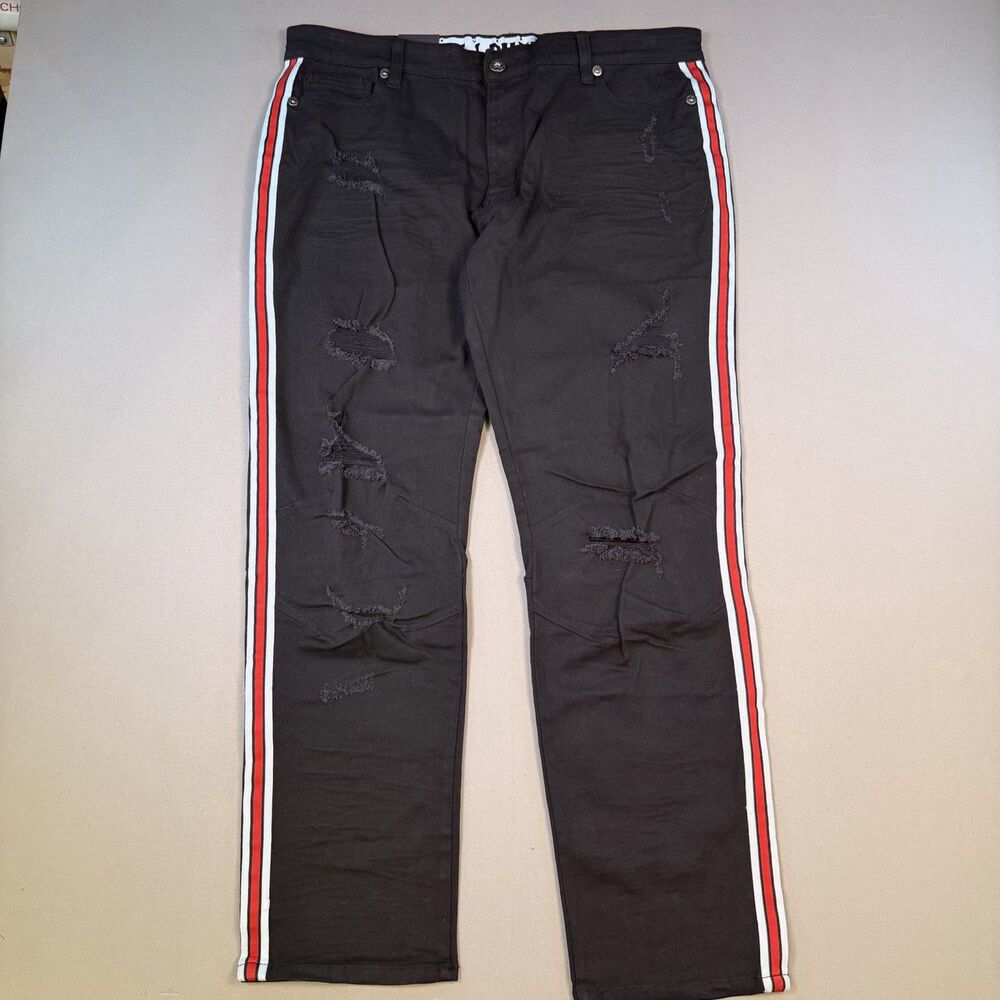 NOS Beat & Rhythm Jeans Mens 38x32 Black Red Stripe Moto Biker Distressed HipHop